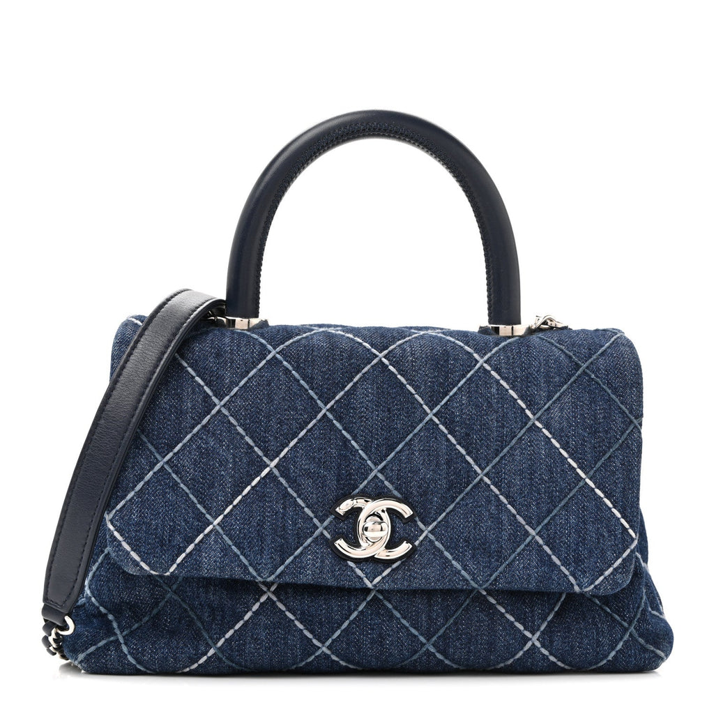 Denim Quilted Mini Coco Handle Flap Blue