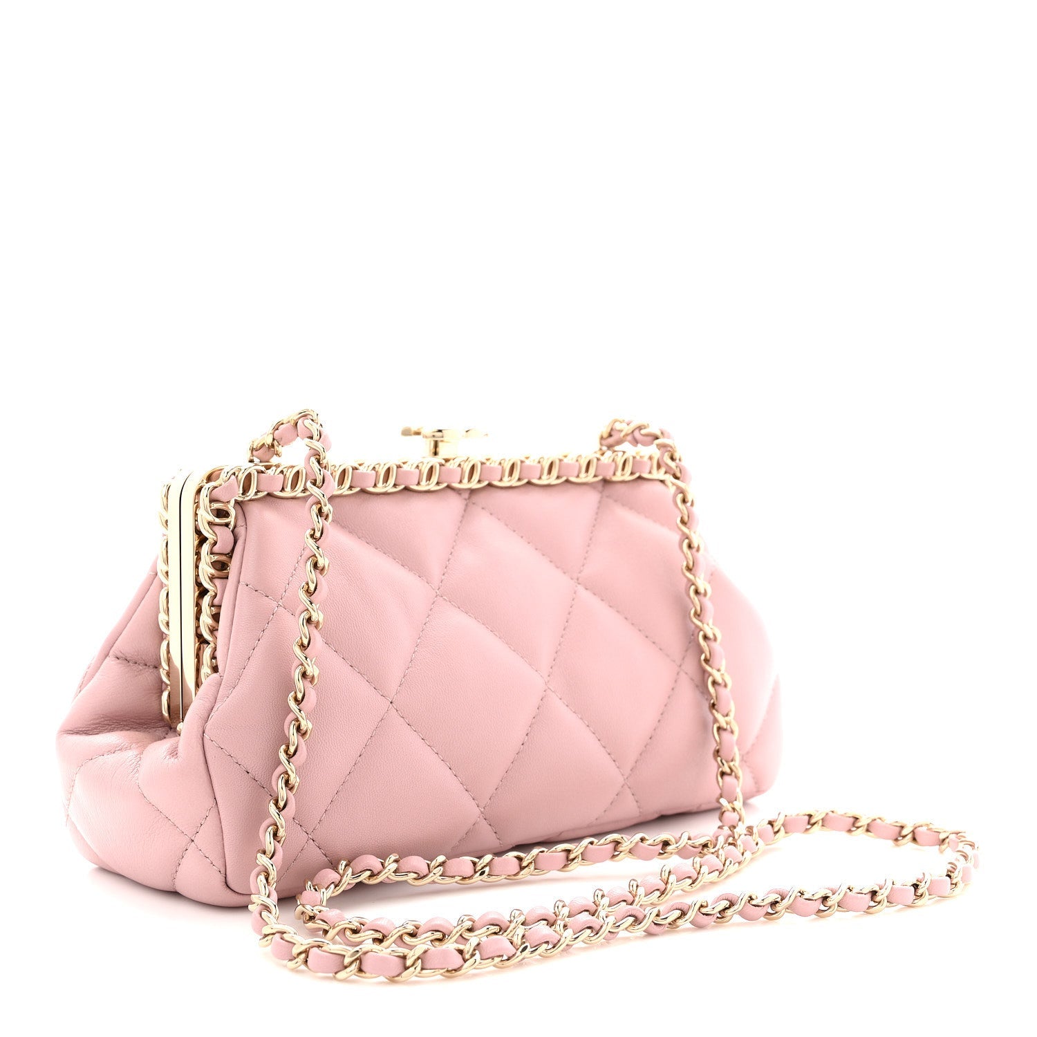 Lambskin Quilted Chain Frame Clutch Pink