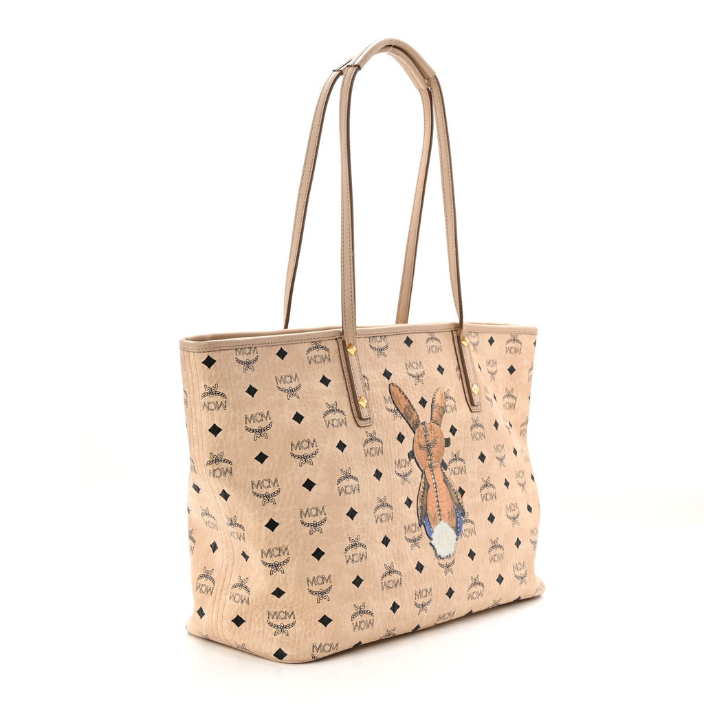 Visetos Medium Studded Rabbit Top Zip Shopper Tote Beige