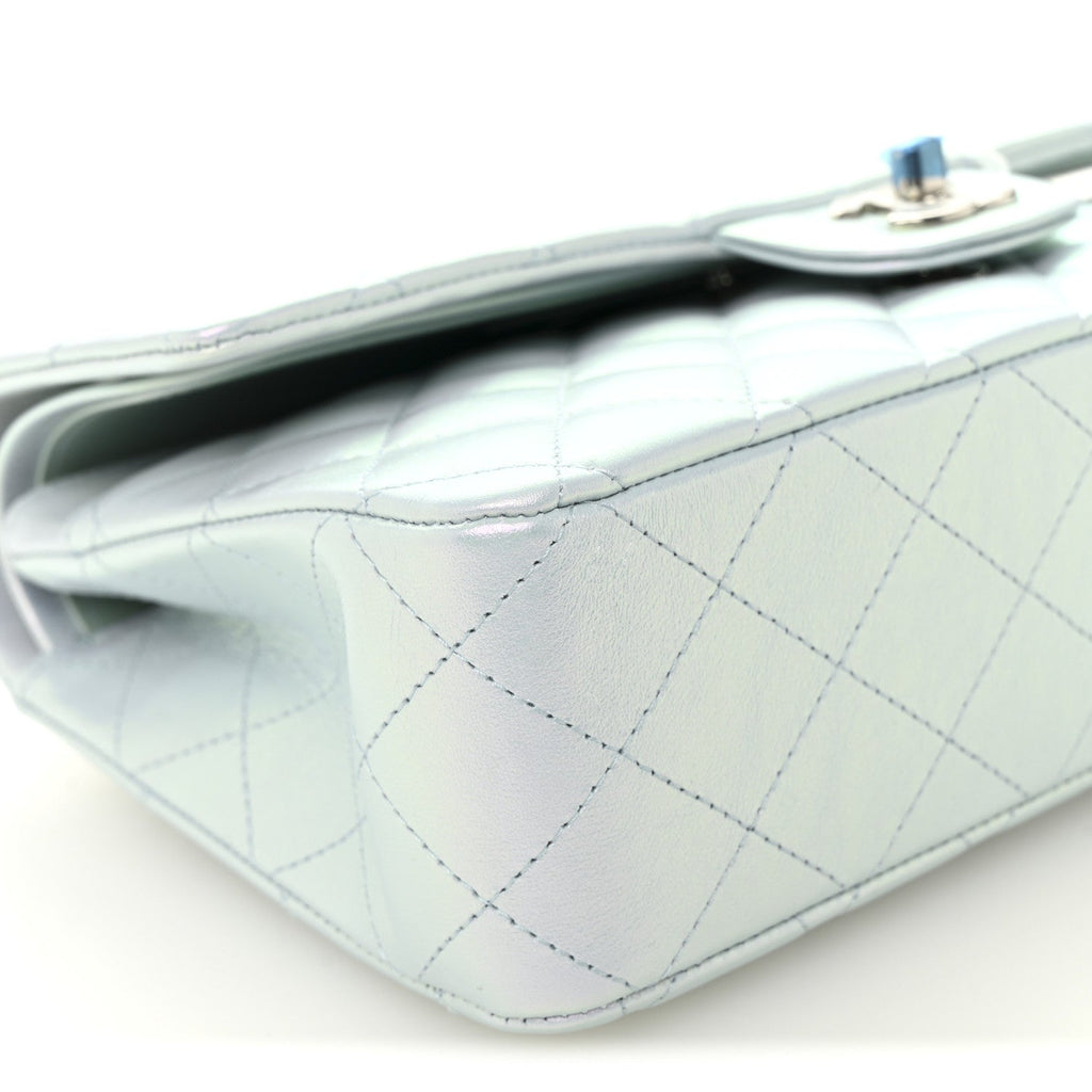 Iridescent Calfskin Quilted Medium Double Flap Light Blue