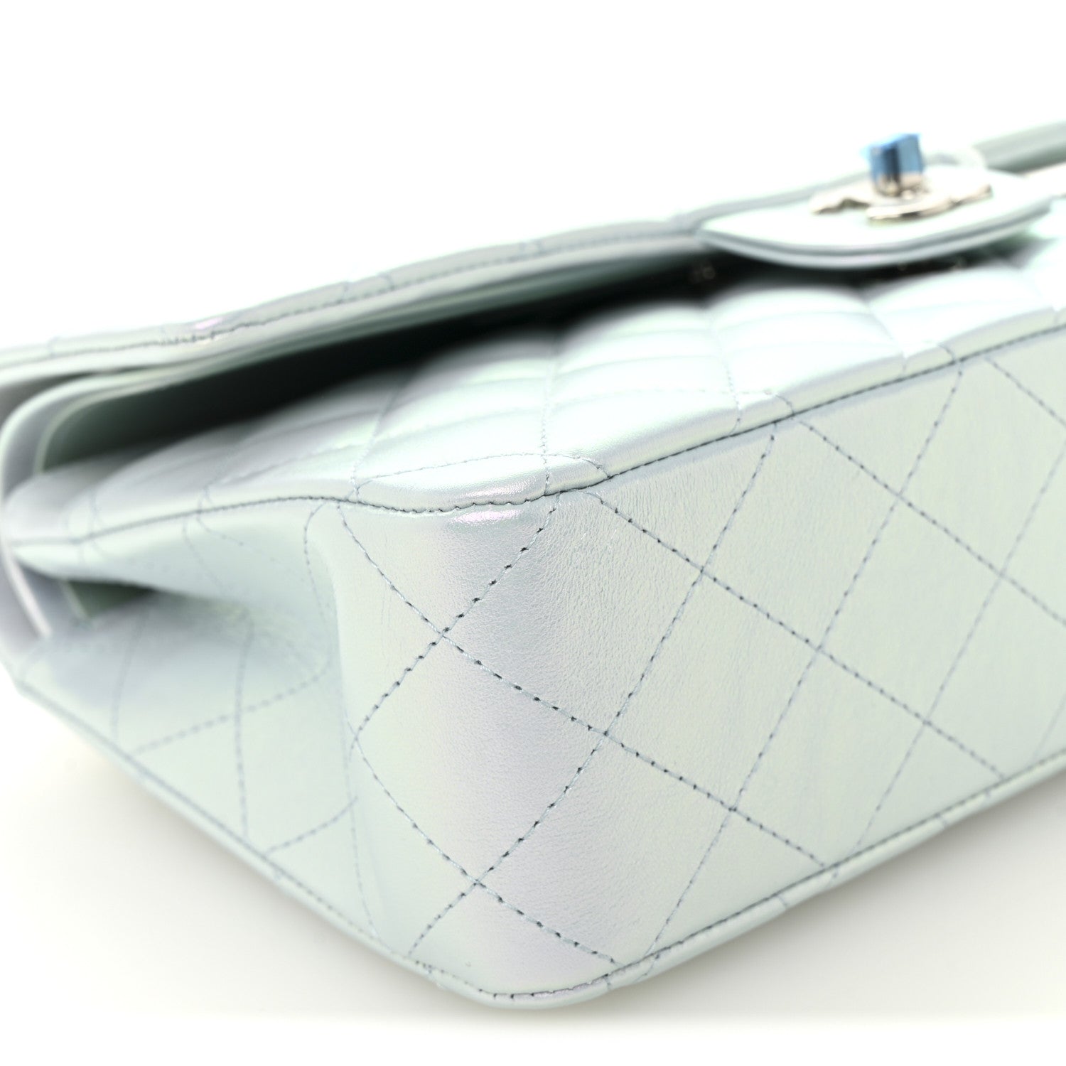 Iridescent Calfskin Quilted Medium Double Flap Light Blue