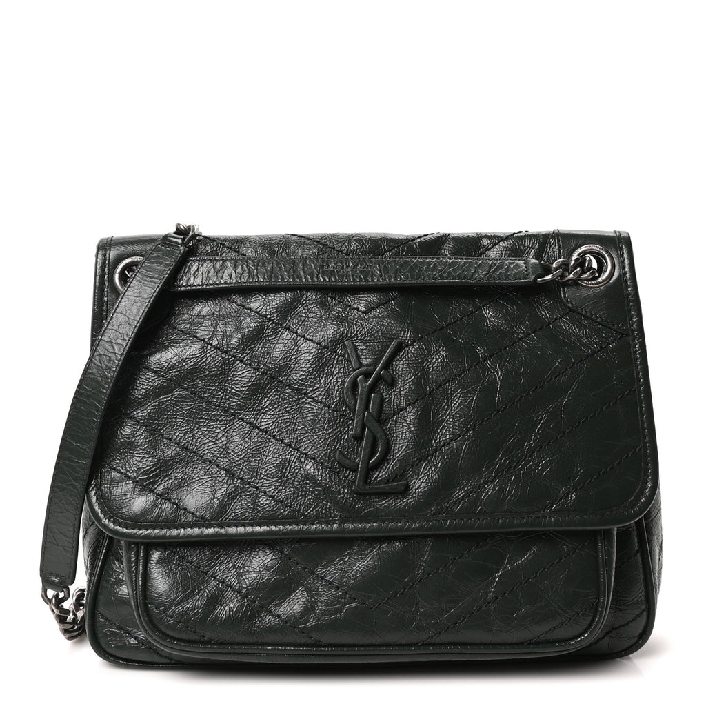 Crinkled Calfskin Matelasse Monogram Medium Niki Chain Satchel Dark Green