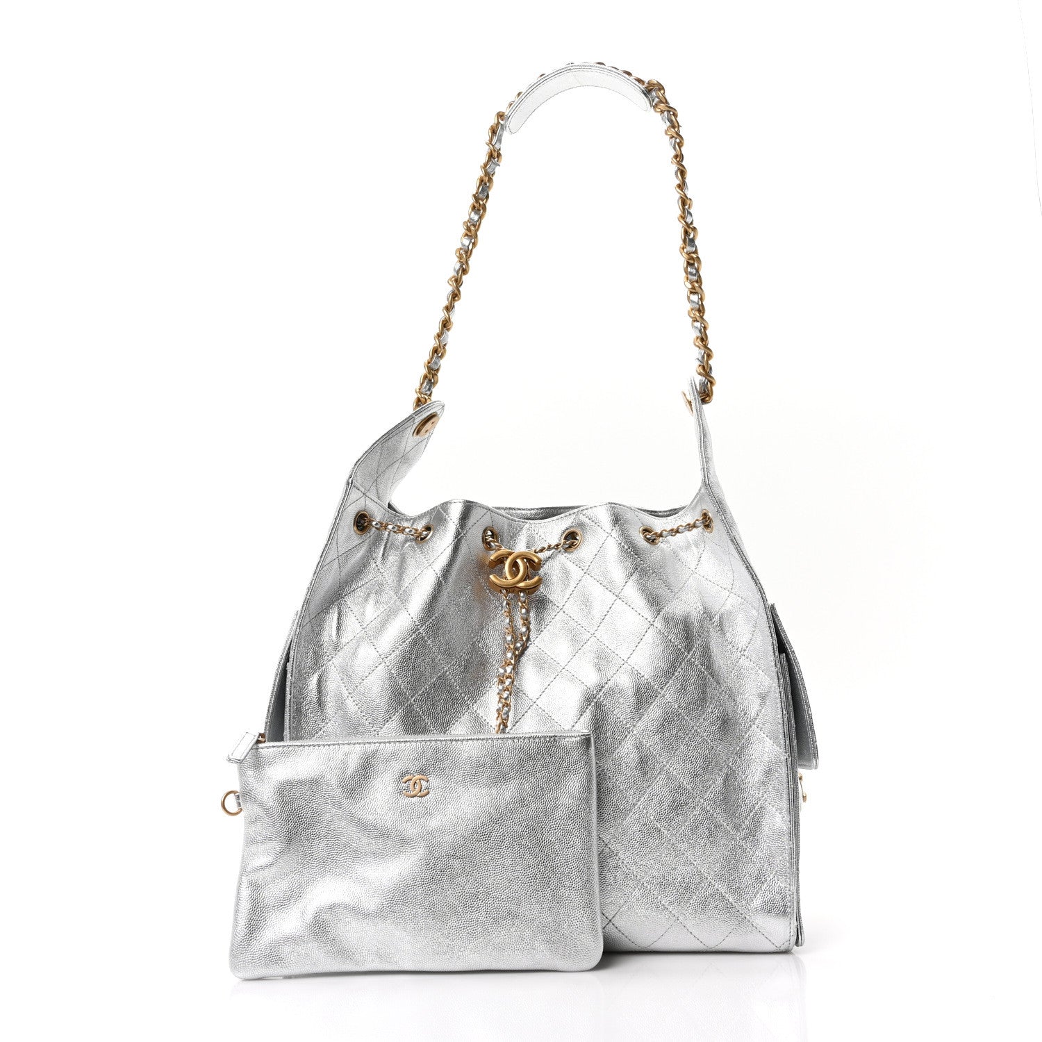 Metallic Caviar Quilted Medium Chanel 25 Handbag Silver
