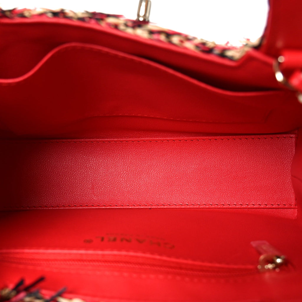Raffia Fringe Nano Kelly Shopper Red Beige Black