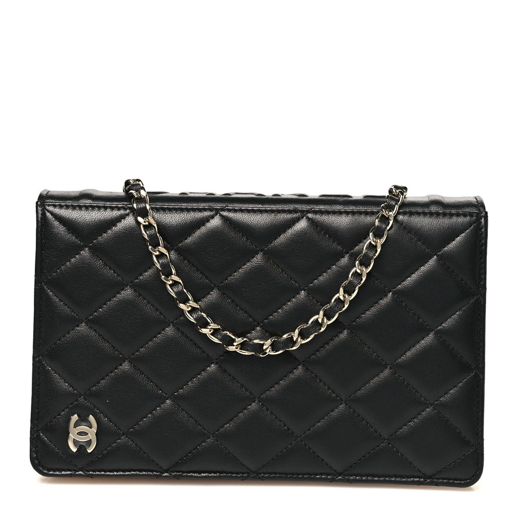 Lambskin Quilted Book Wallet On Chain WOC Black