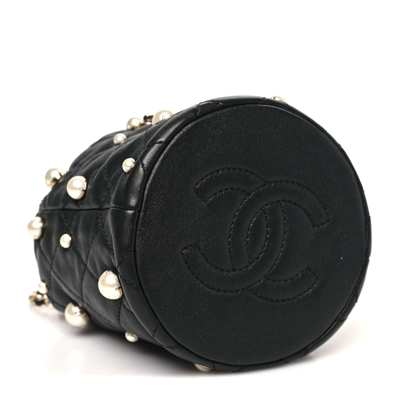 Lambskin Quilted Pearl Mini About Pearls Drawstring Bag Black