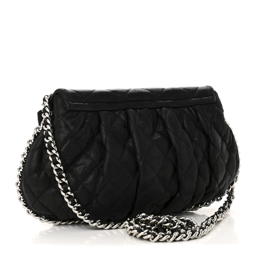 Washed Lambskin Quilted Medium Chain Around Messenger Black