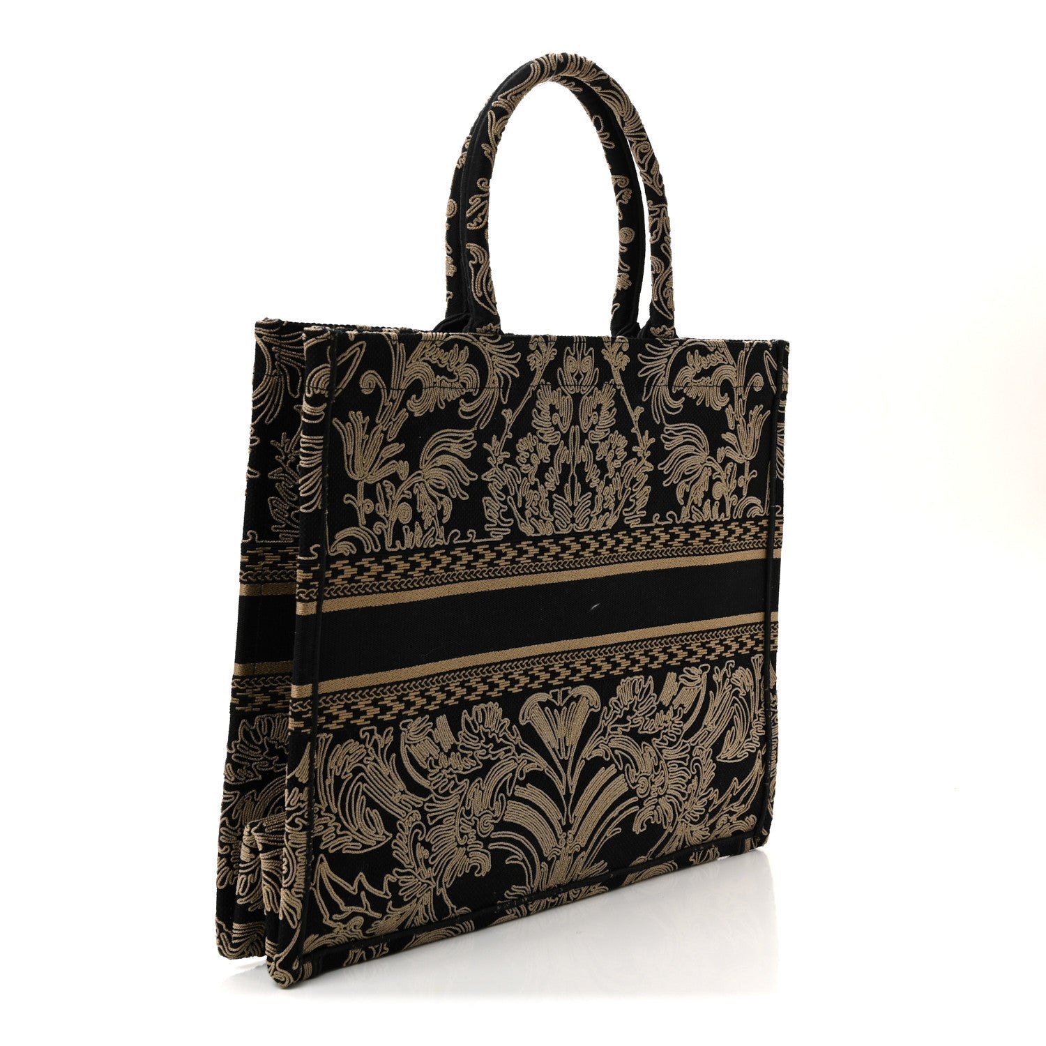Canvas Embroidered Large Ornamental Cornely Effect Book Tote Black Beige