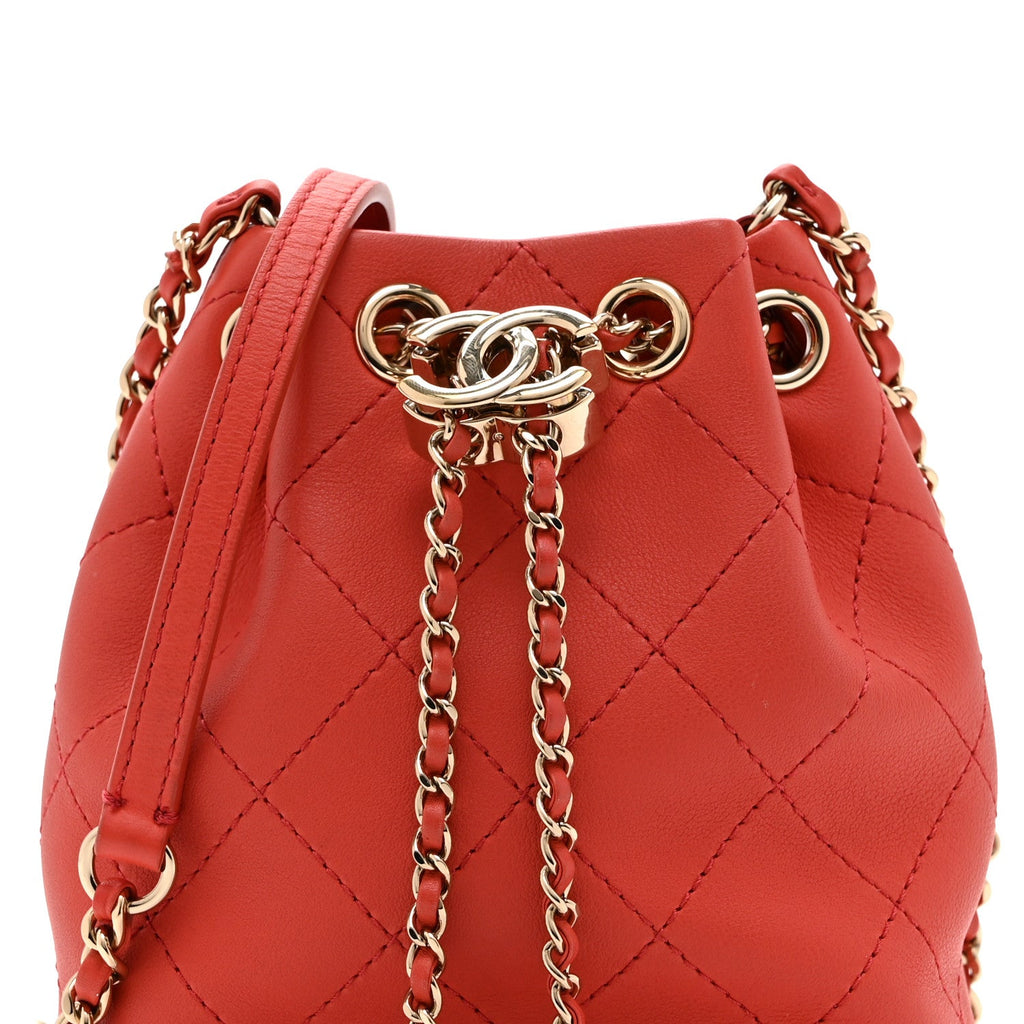 Calfskin Stitched Chain Bucket Bag Coral