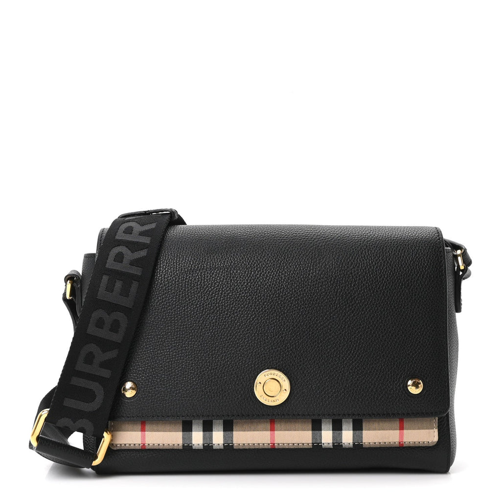 Coated Canvas Calfskin Vintage Check Medium Note Crossbody Bag Black