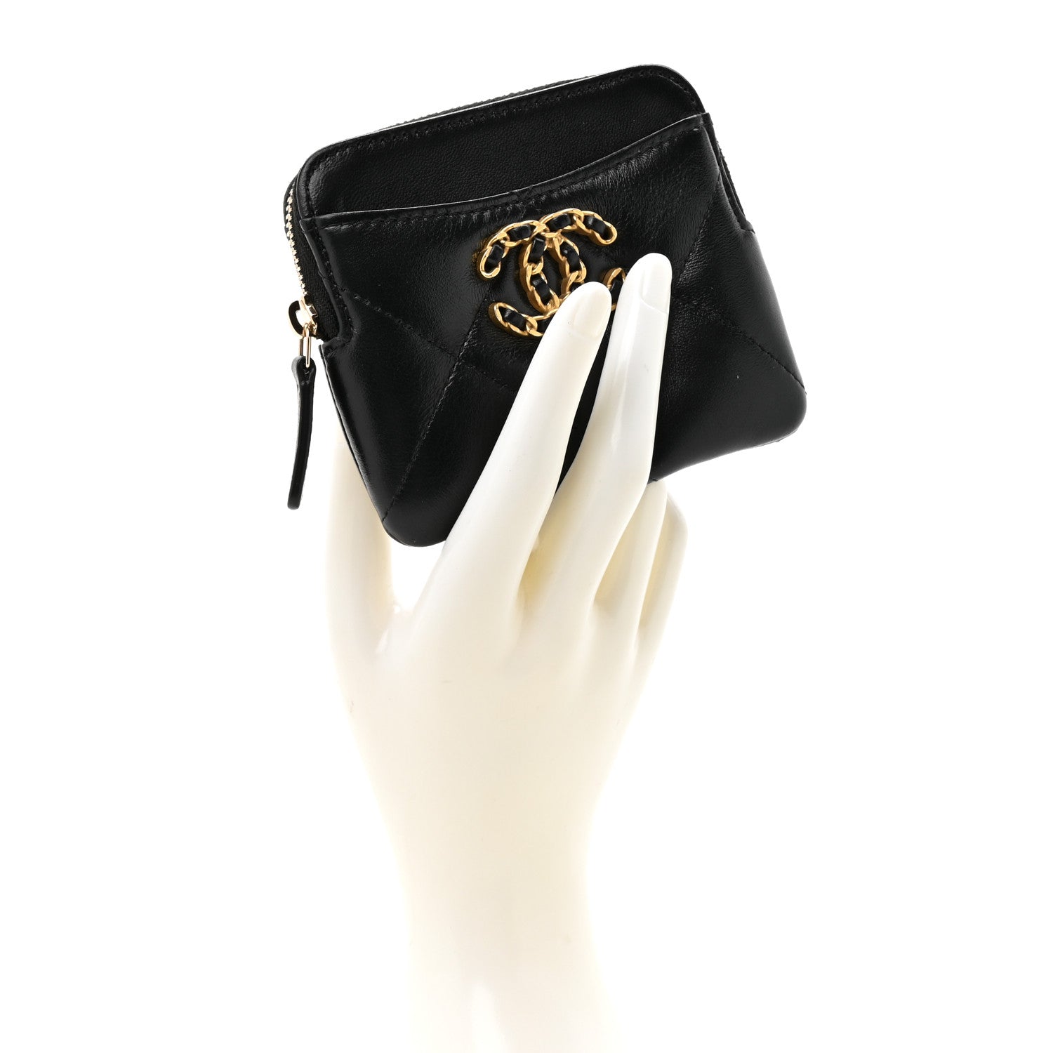 Lambskin Quilted Chanel 19 Zip  Holder Wallet Black