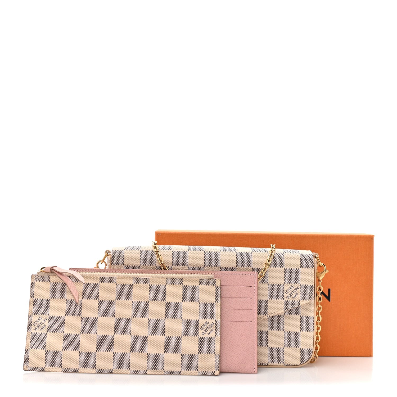 Damier Azur Pochette Felicie Chain Wallet Rose Ballerine