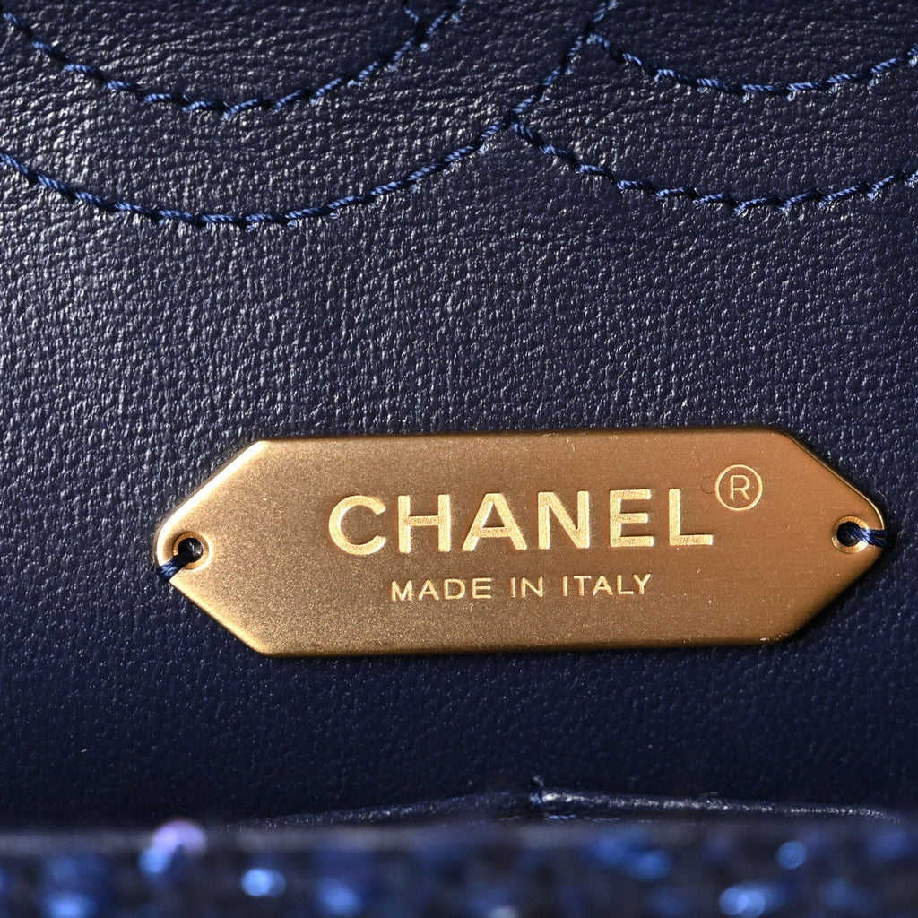 Tweed Sequin Timeless Classic Chained Double Flap Navy Blue