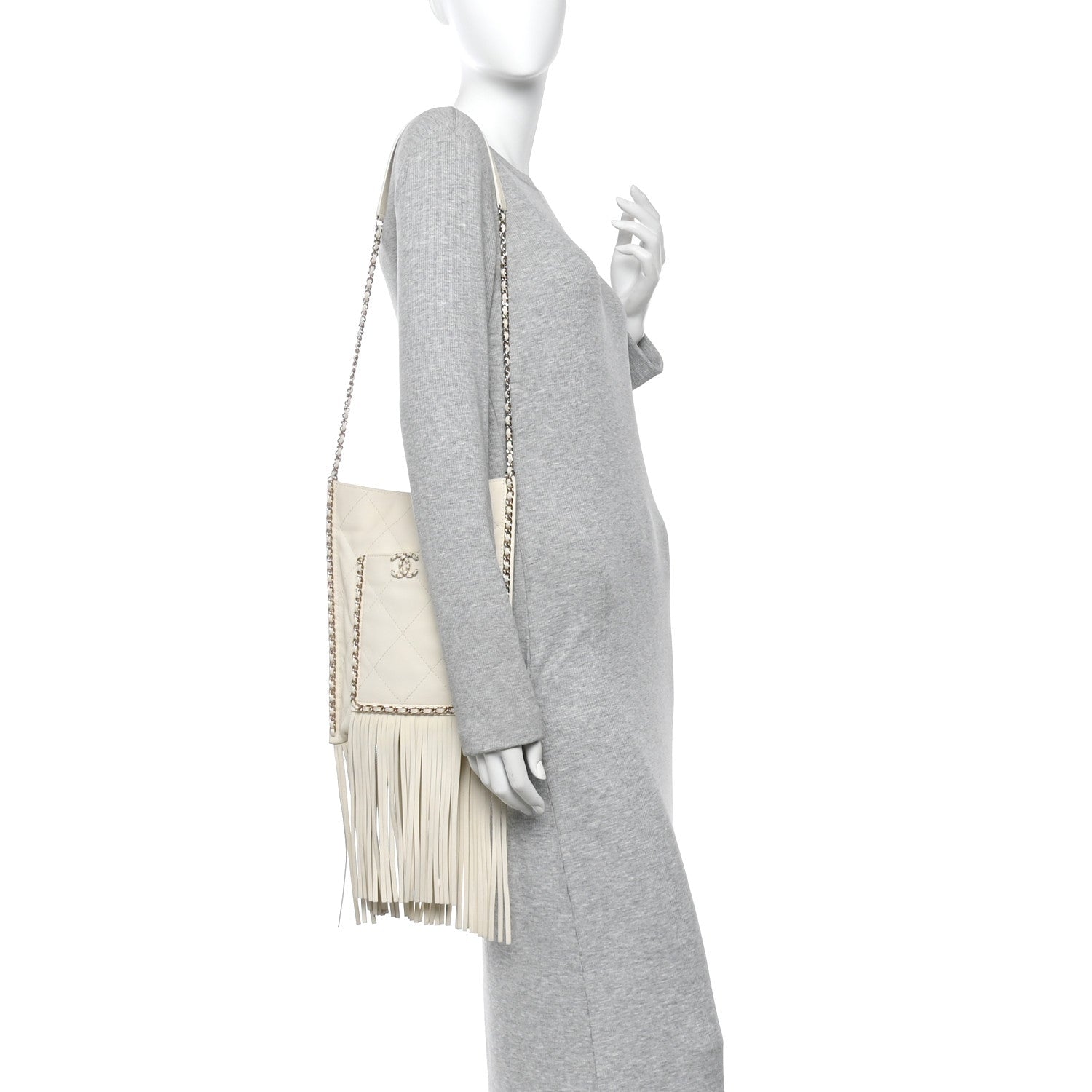 Calfskin Quilted Fringe Small Shopping Bag White