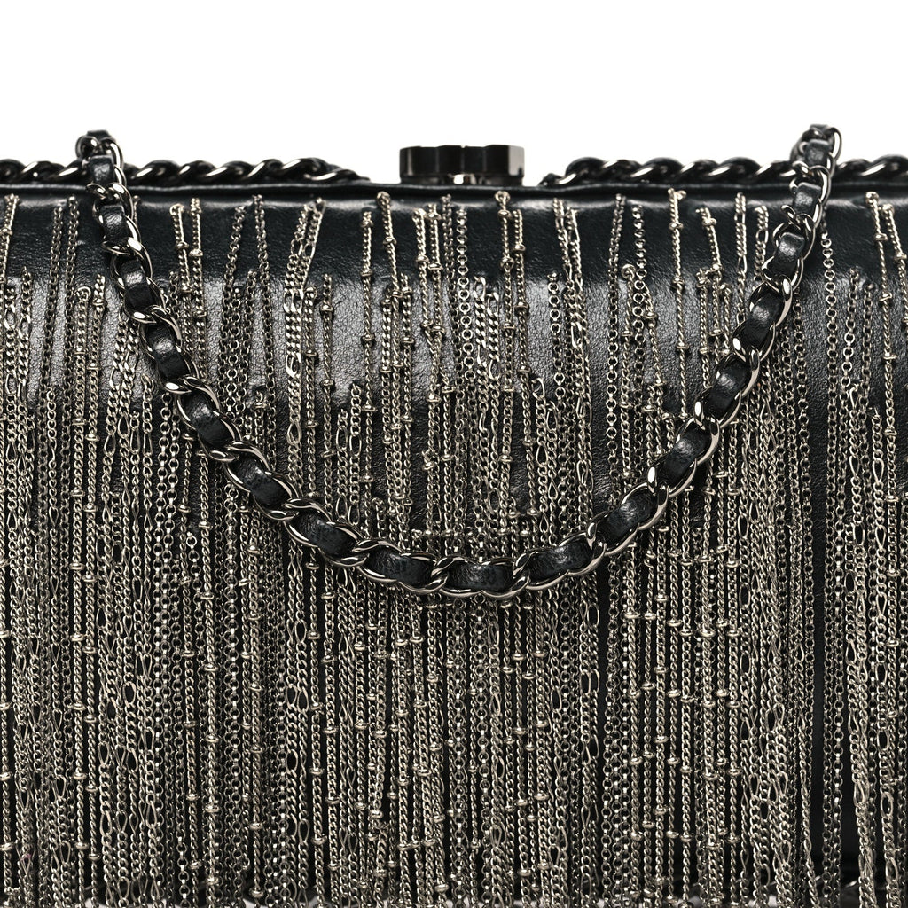 Lambskin Chain Fringe Clutch With Chain  Black