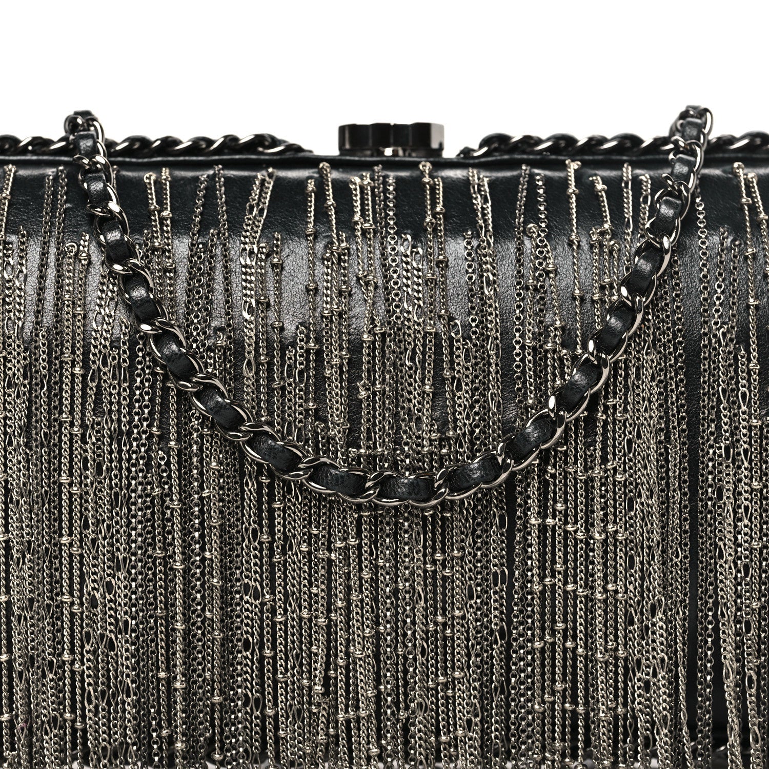 Lambskin Chain Fringe Clutch With Chain  Black