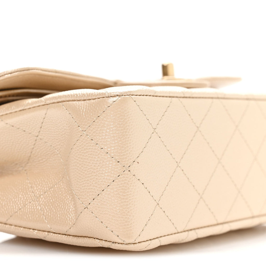 Metallic Caviar Quilted Small Double Flap Beige