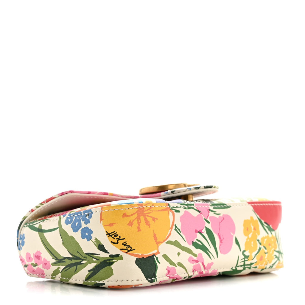 X KEN SCOTT Calfskin Matelasse Floral Print Super Mini GG Marmont Shoulder Bag Ivory Pink