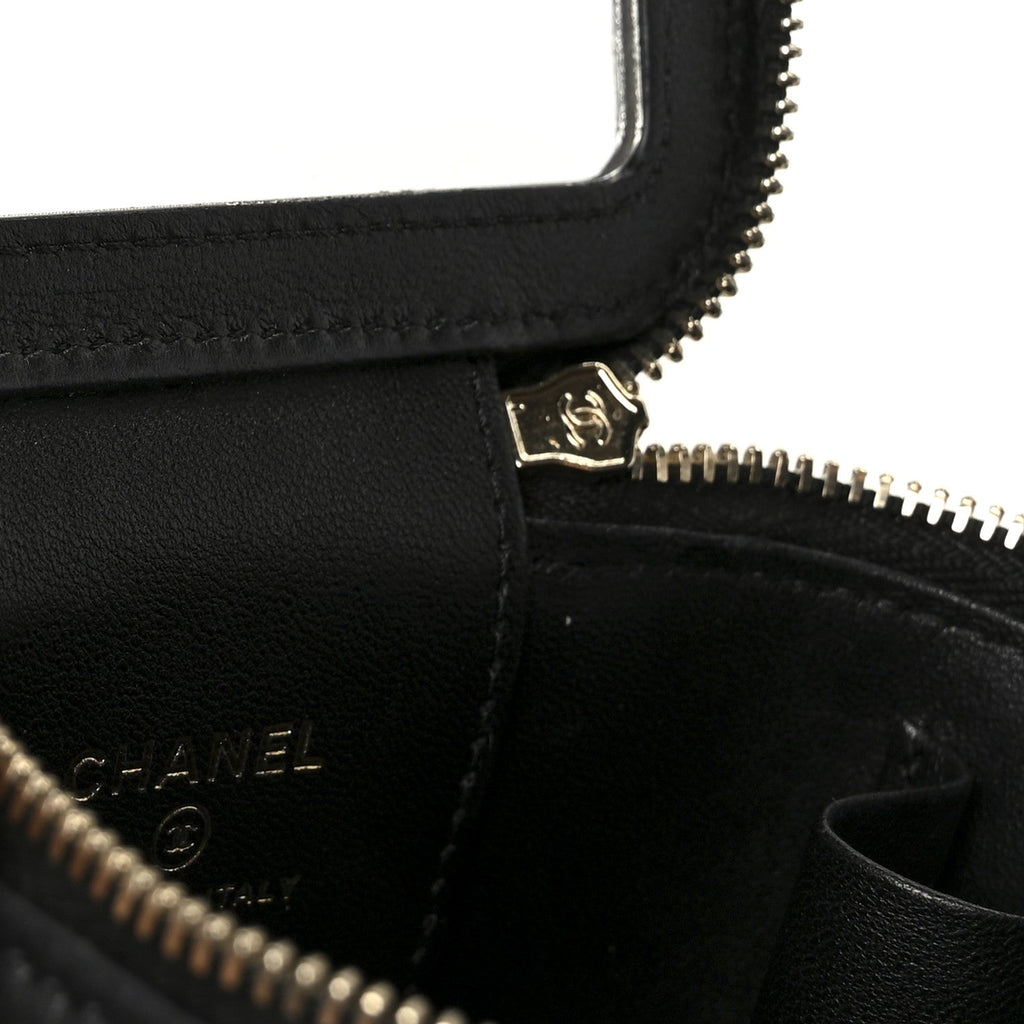 Lambskin Quilted Top Handle Mini Vanity Case With Chain Black