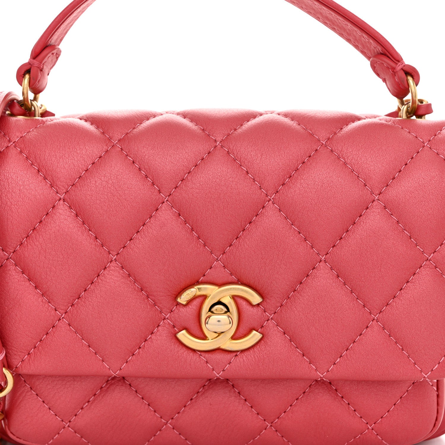 Metallic Calfskin Quilted Top Handle Flap Dark Pink