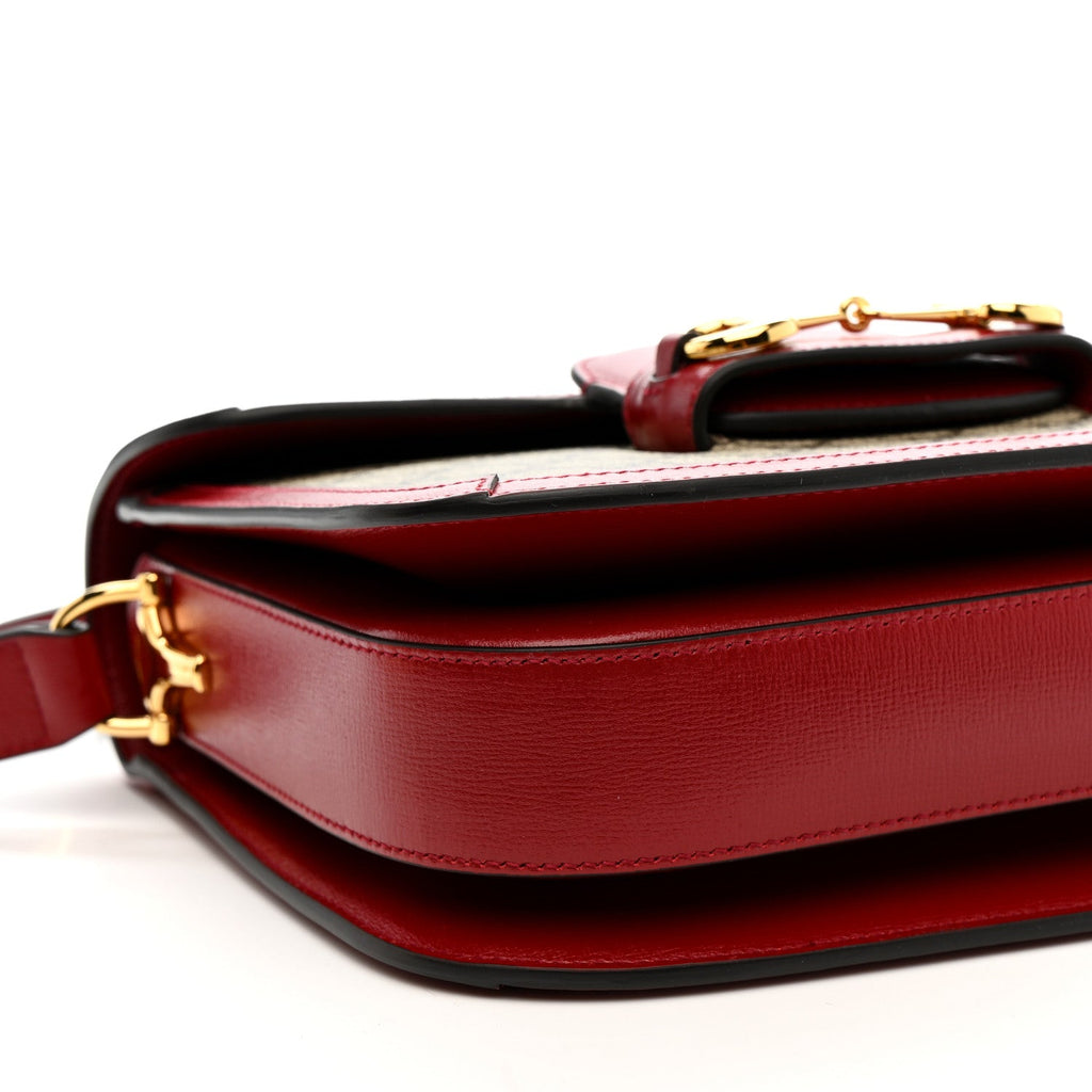 GG Supreme Monogram Azalea Calfskin Horsebit 1955 Shoulder Bag Beige Ebony New Cherry Red