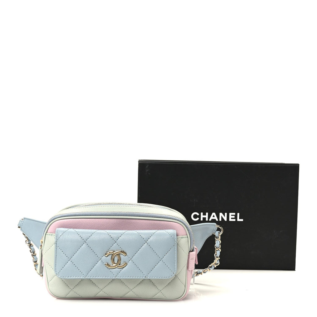 Goatskin Quilted Tri-Color In & Out Waist Bag Green Blue Pink
