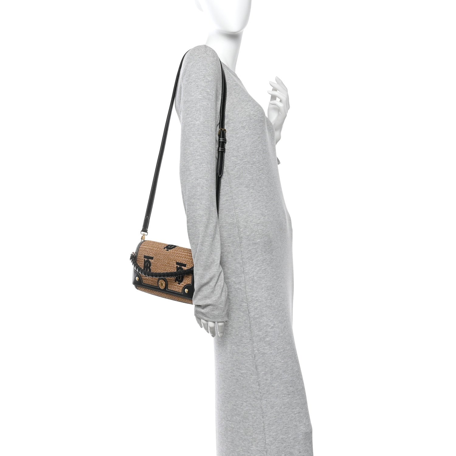 Raffia Calfskin TB Small Note Crossbody Bag Natural Black