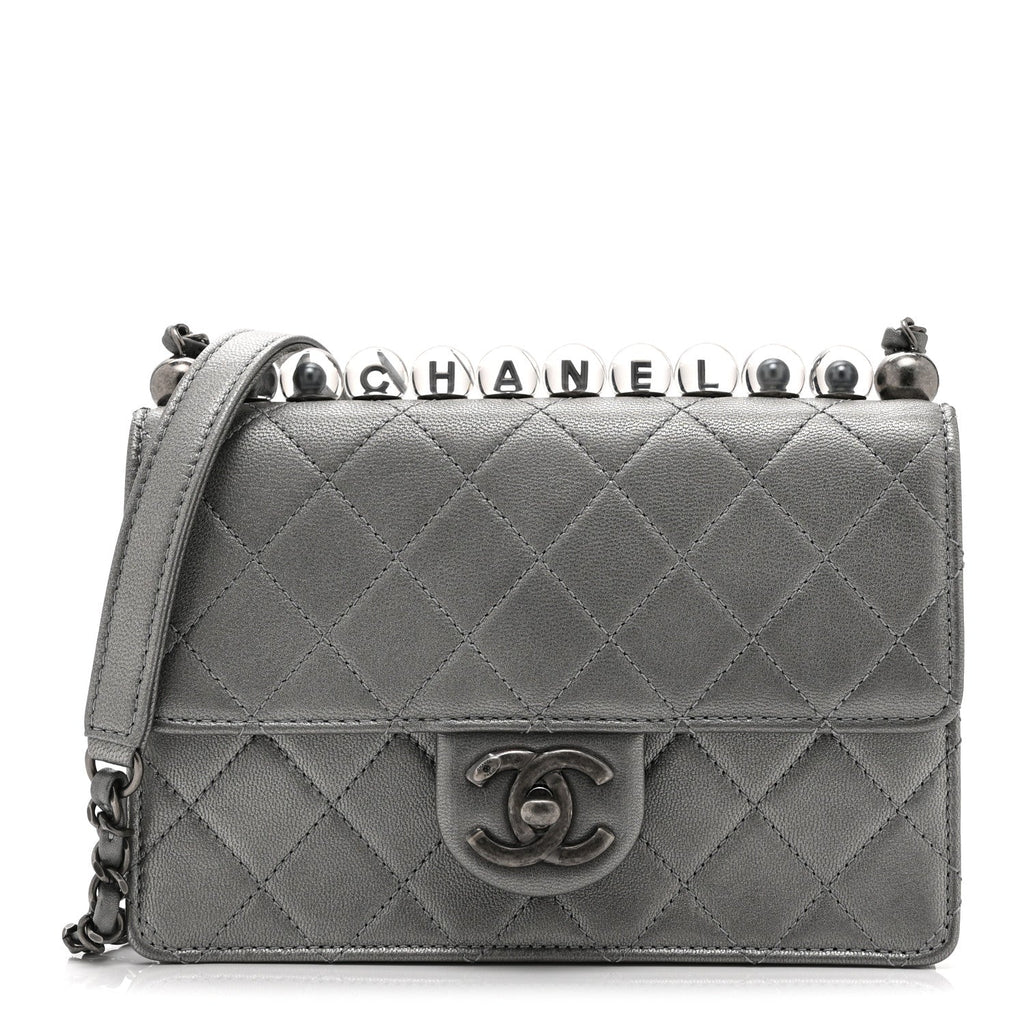 Metallic Goatskin Quilted Small Chic Pearls Flap Silver