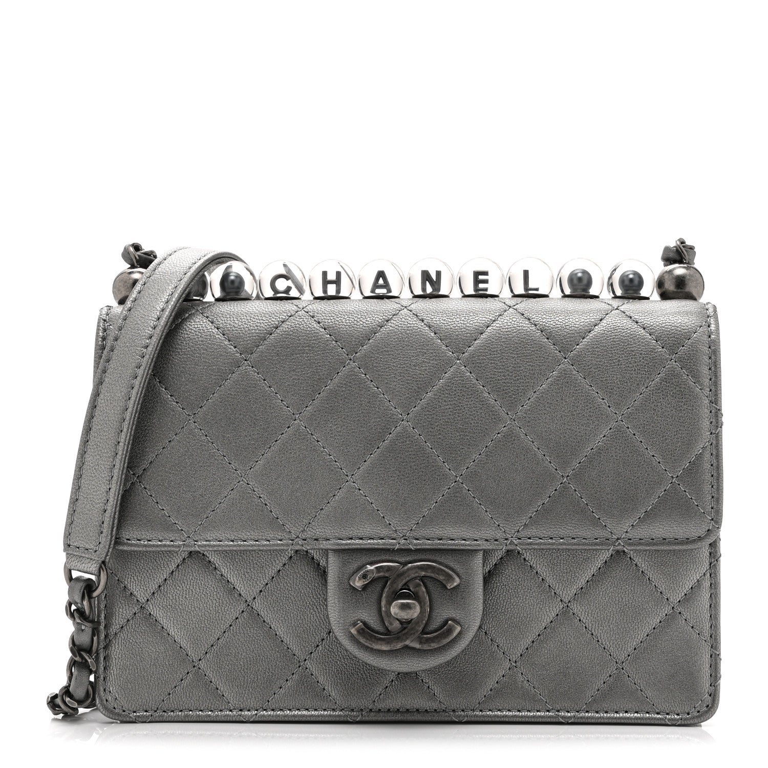 Metallic Goatskin Quilted Small Chic Pearls Flap Silver