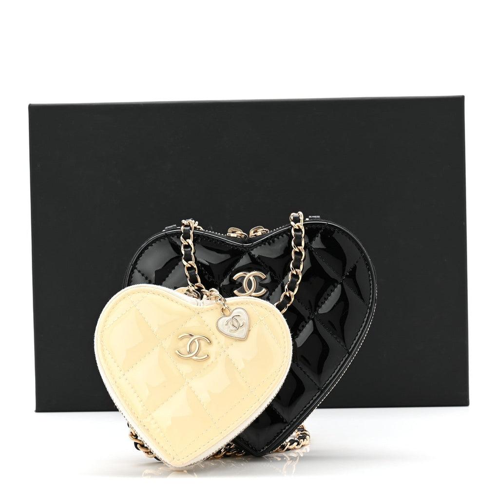 Patent Calfskin Resin Quilted CC Heart Clutch With Chain  Black