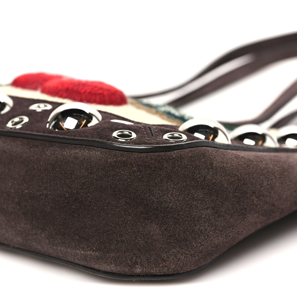 Suede Raffia Woven Studded Embroidered Cherryfic Mini Nellcote Shopping Tote Brown Multicolor