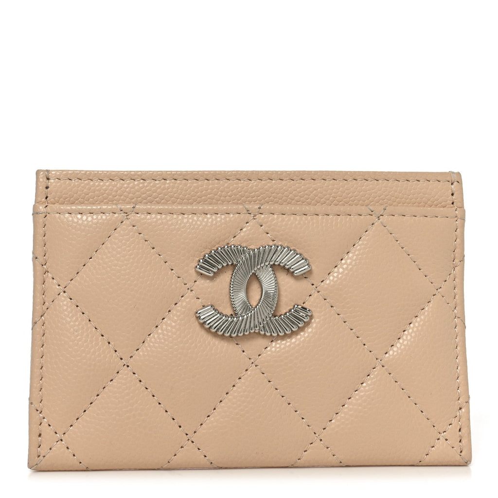 Caviar Quilted Textured CC  Holder Beige