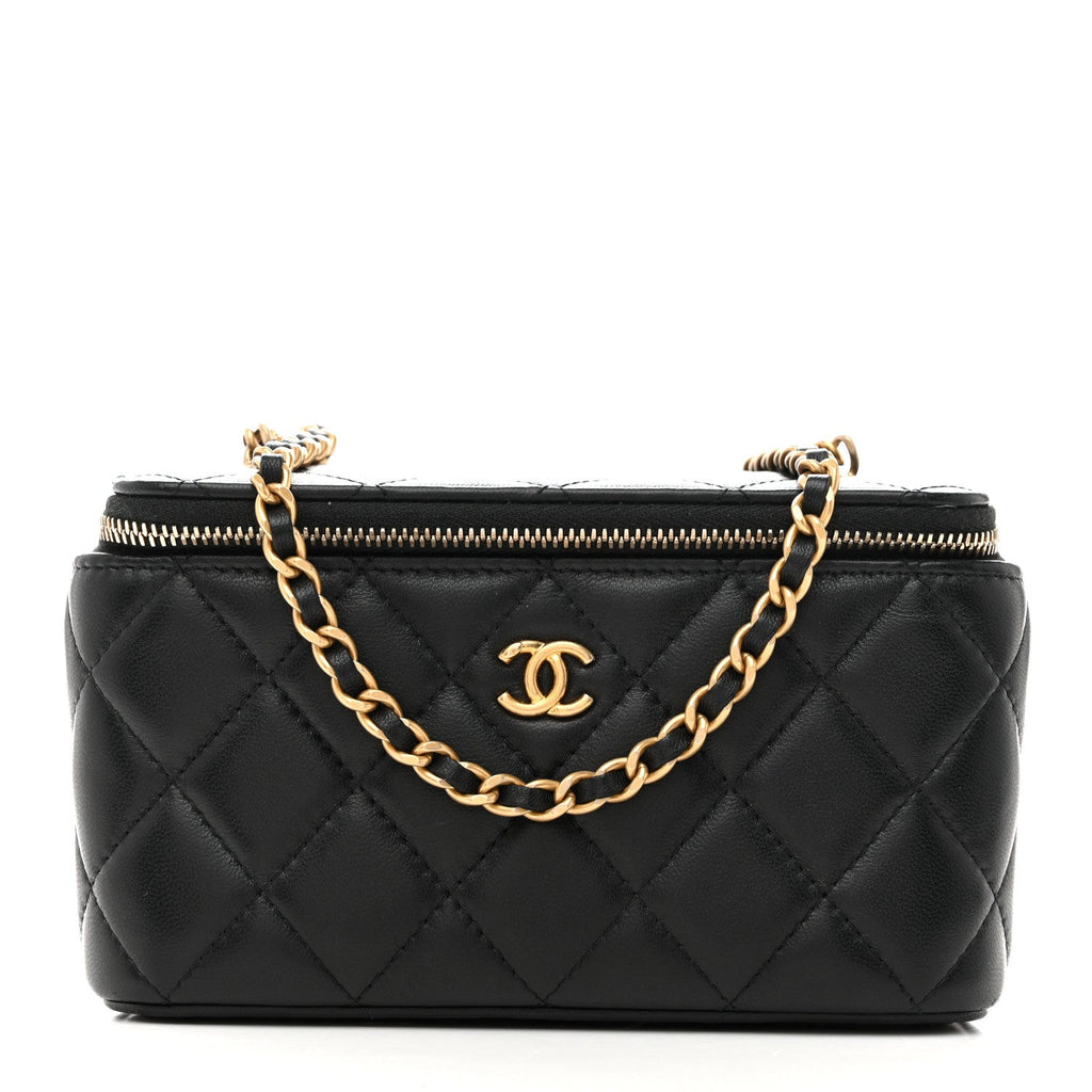 Lambskin Quilted Pearl Crush Small Vanity Case With Chain Black