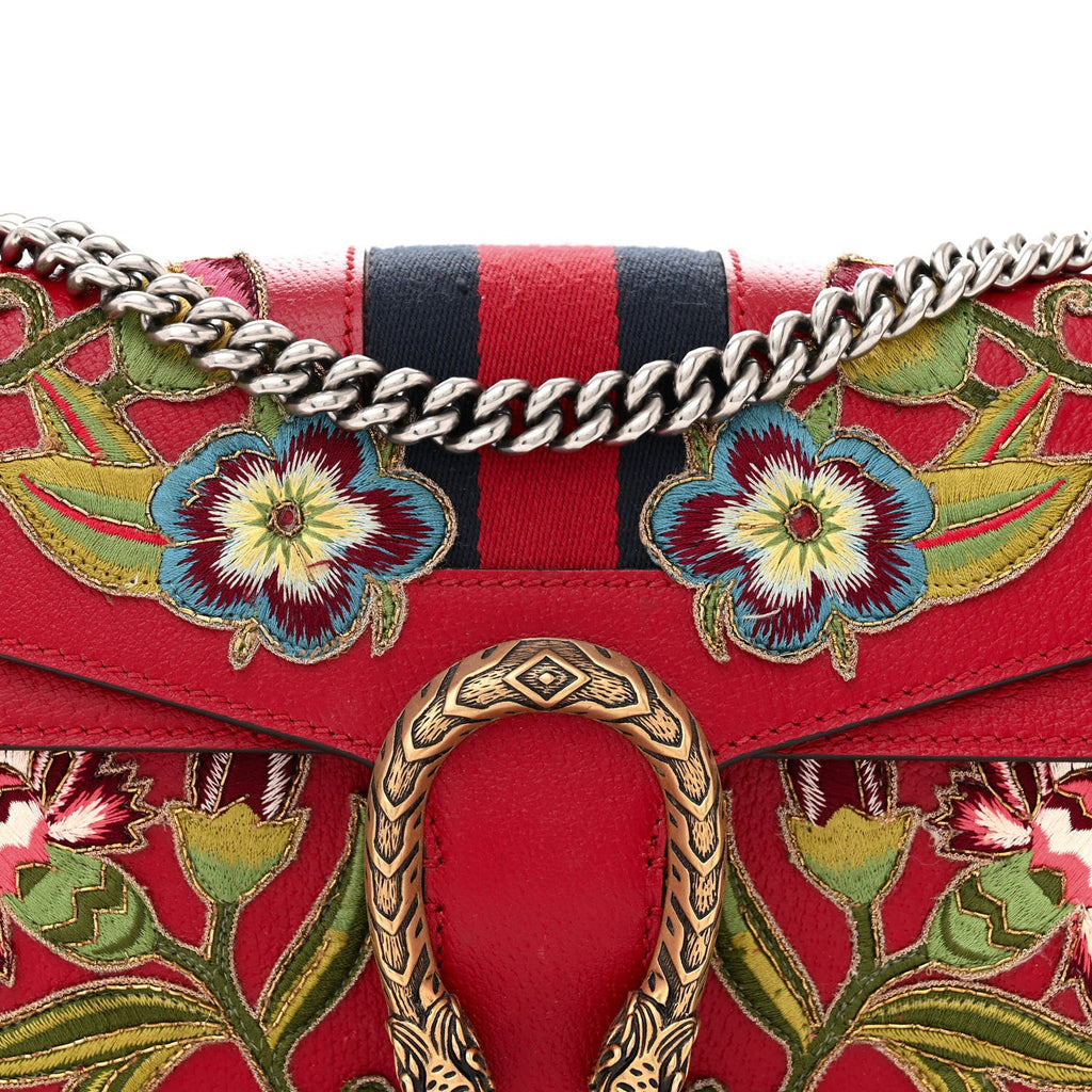 Calfskin Web Floral Embroidered Small Dionysus Shoulder Bag Hibiscus Red