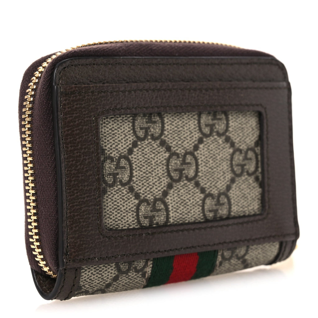 GG Supreme Monogram Textured Dollar Calfskin Web Ophidia Zip Around  Case Wallet Beige Ebony New Acero