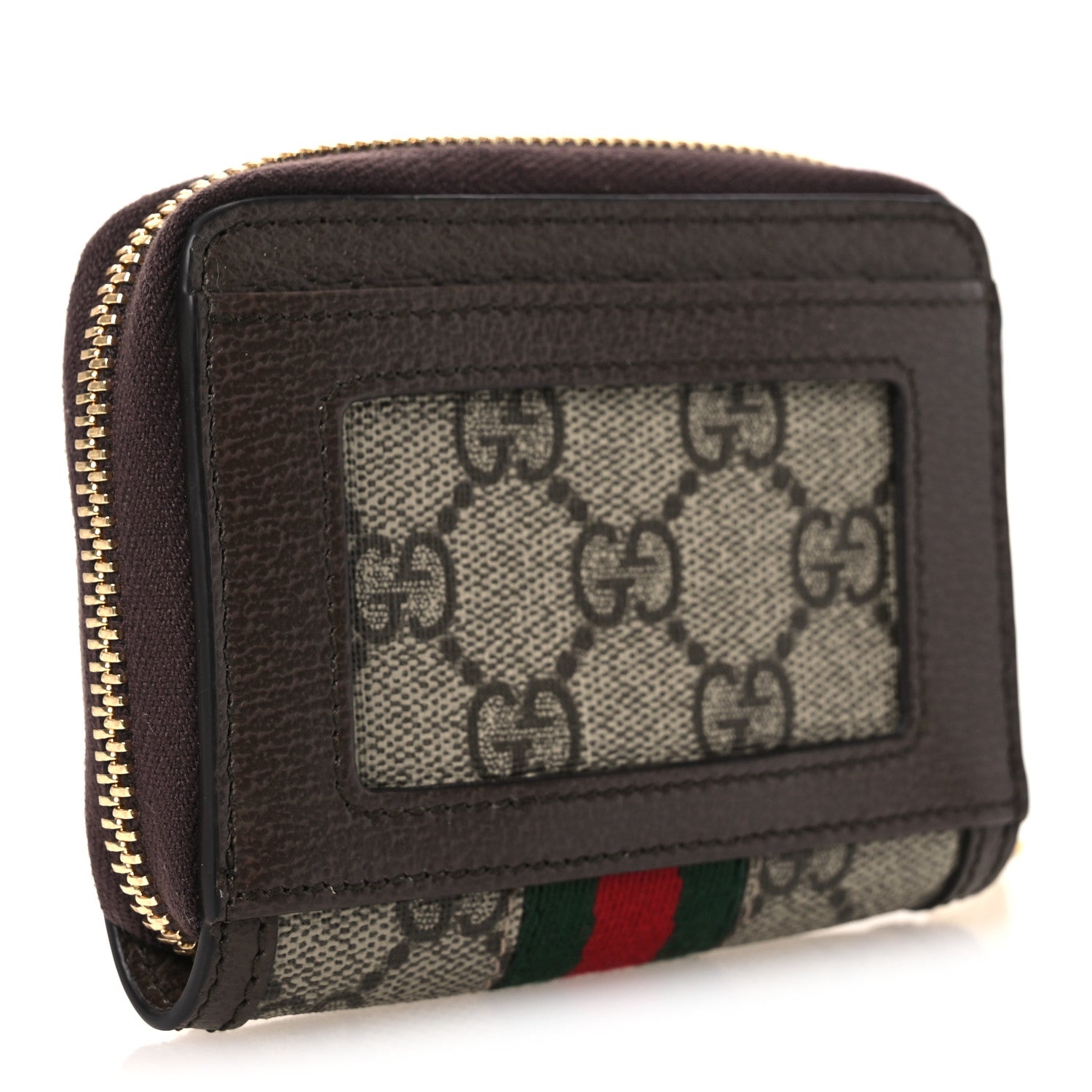 GG Supreme Monogram Textured Dollar Calfskin Web Ophidia Zip Around  Case Wallet Beige Ebony New Acero