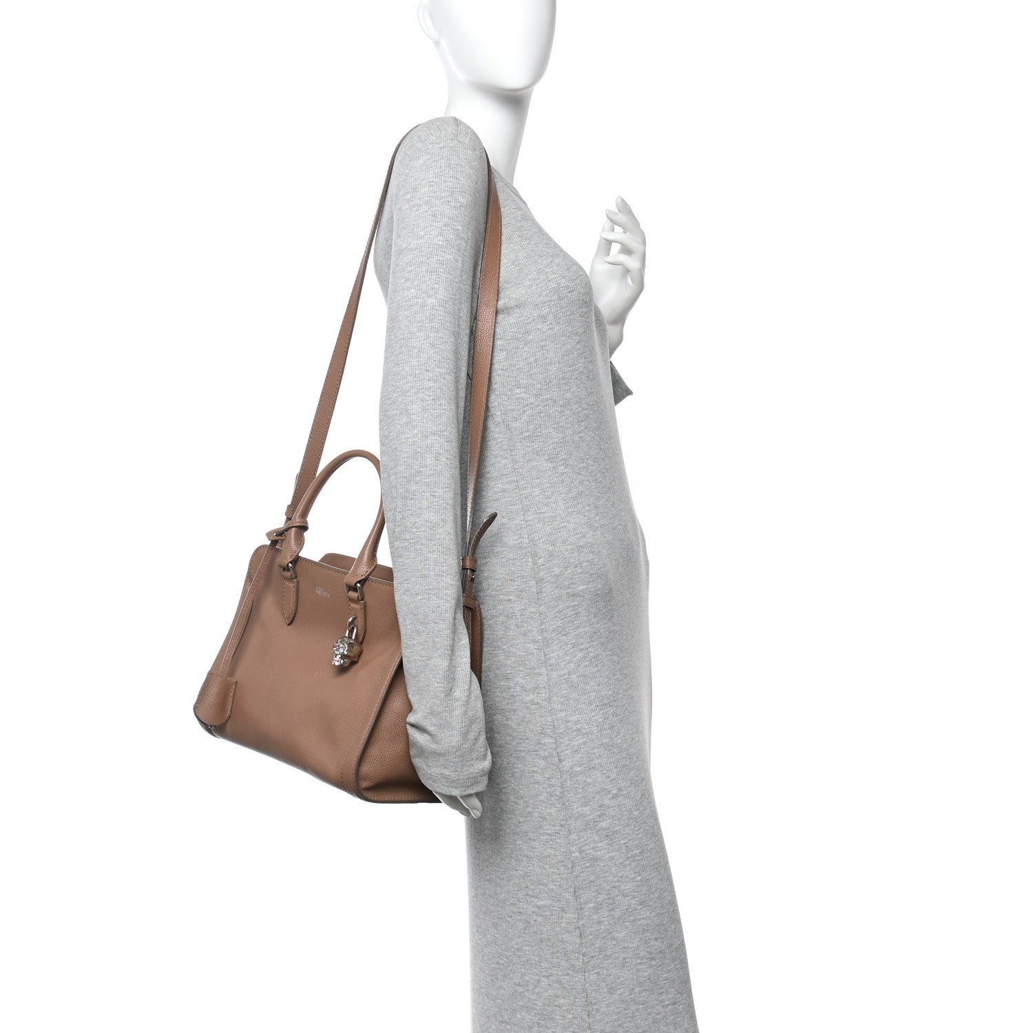 Pebbled Calfskin Small Skull Padlock Zip Around Tote Taupe