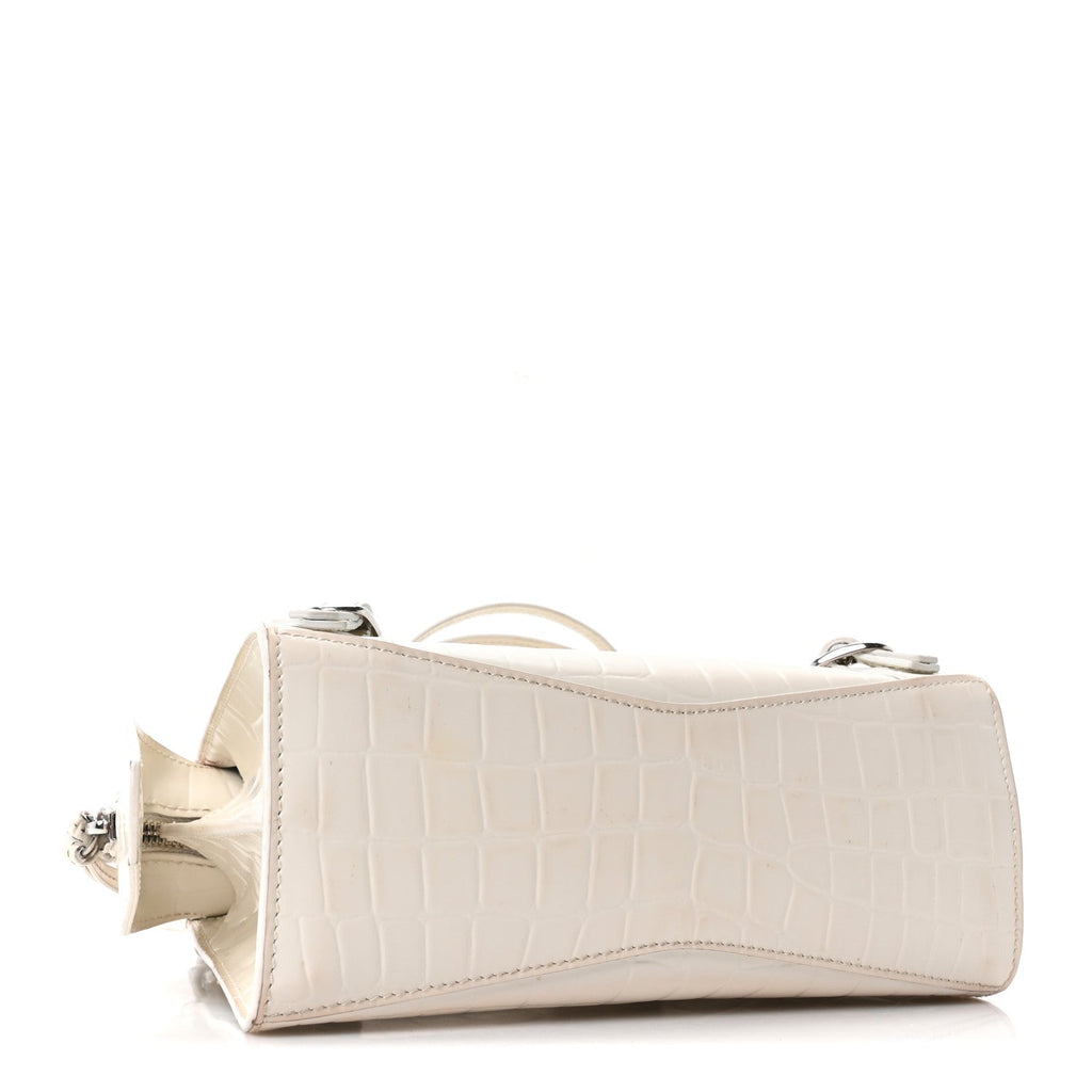 Semi Shiny Calfskin Crocodile Embossed Neo Classic Silver Hardware Nano City Crossbody White