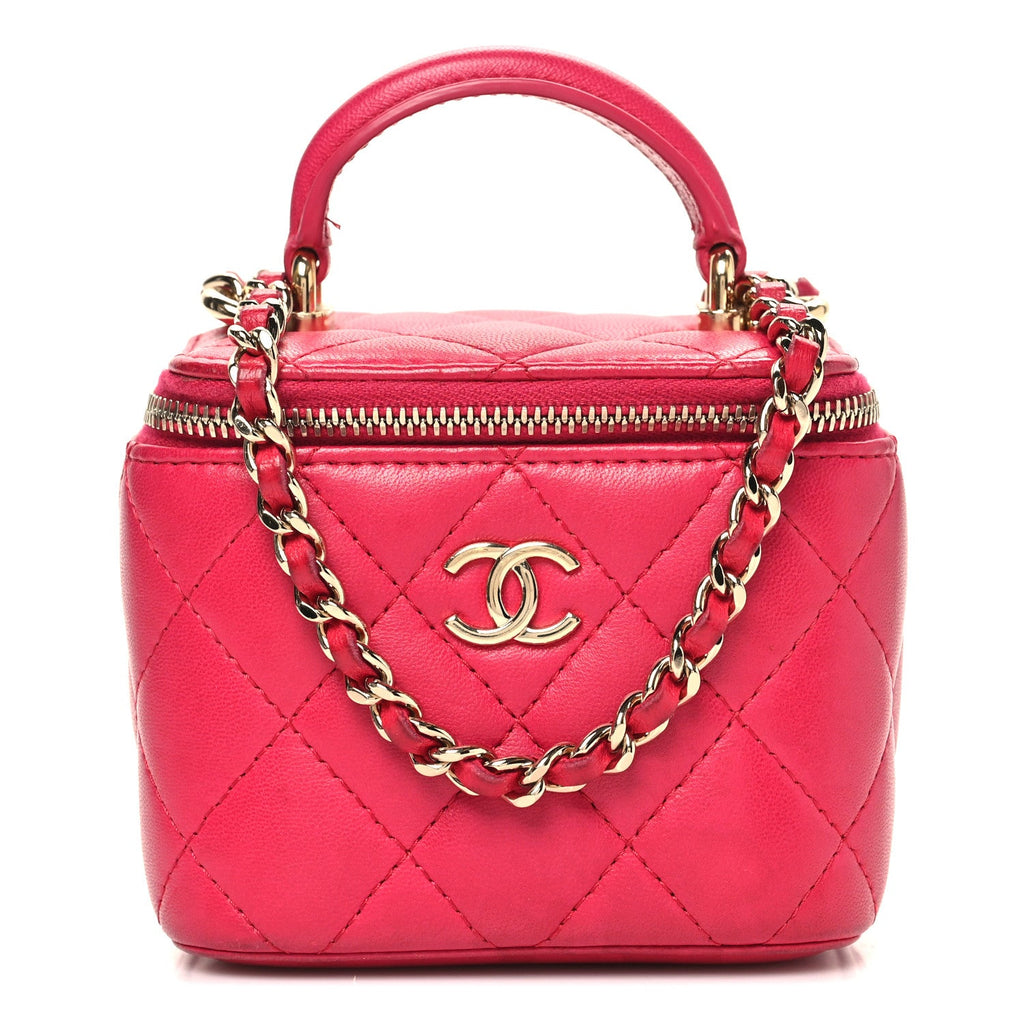 Lambskin Quilted Mini Top Handle Vanity Case With Chain Dark Pink