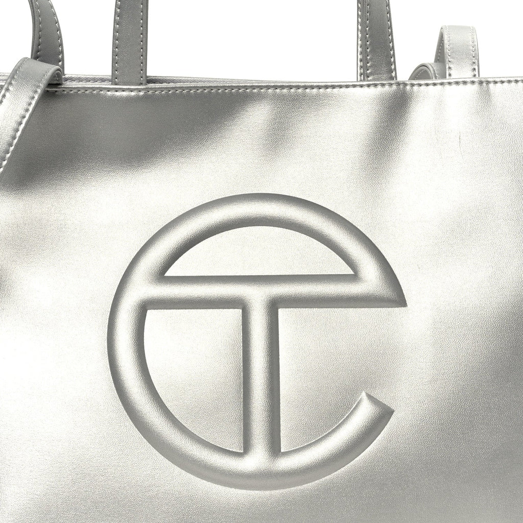 Metallic Vegan Leather Medium Shopping Bag Silver
