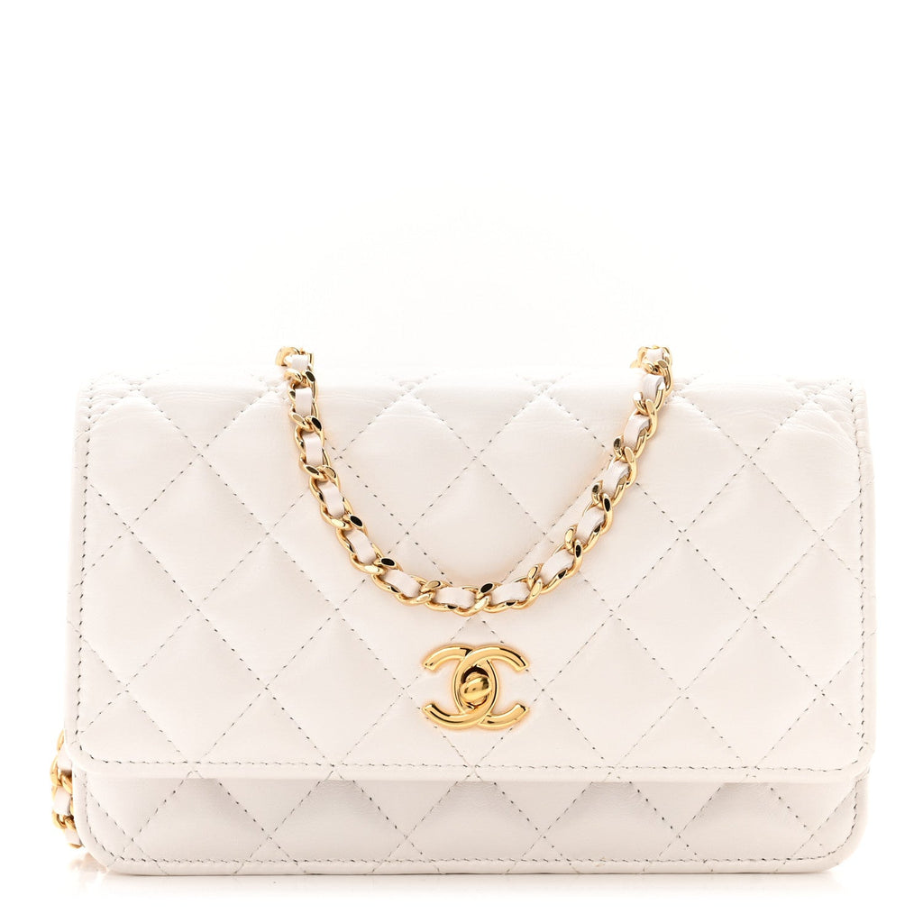 Shiny Crumpled Calfskin Quilted Enamel Heart Wallet On Chain WOC White