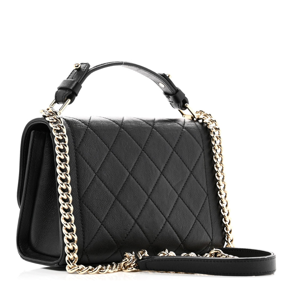 Grained Calfskin Quilted Small Label Click Flap Bag Black