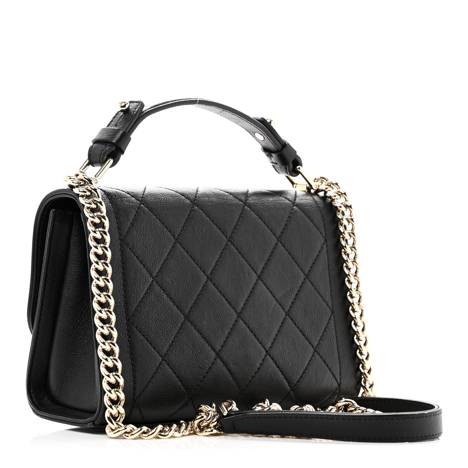 Grained Calfskin Quilted Small Label Click Flap Bag Black