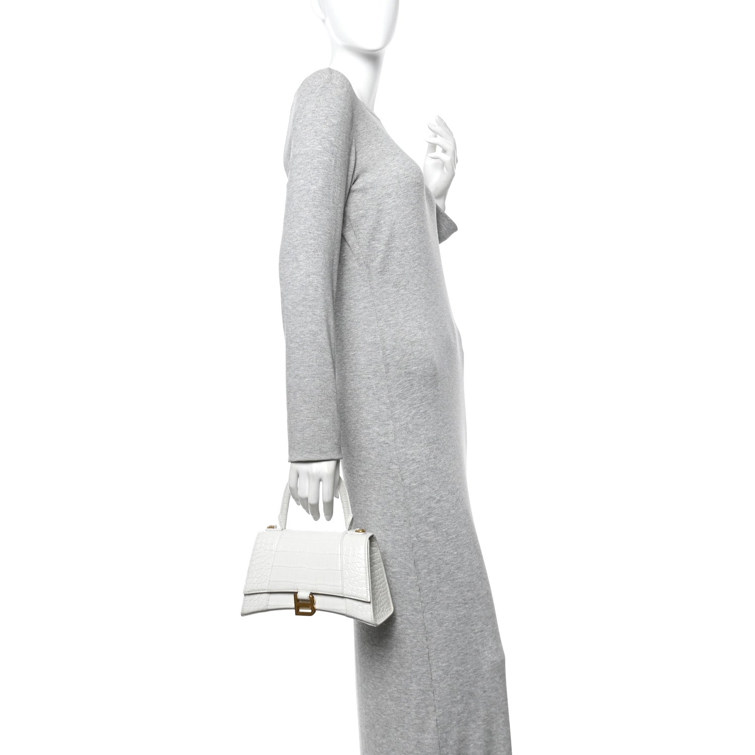 Calfskin Crocodile Embossed Small Hourglass Top Handle Bag White