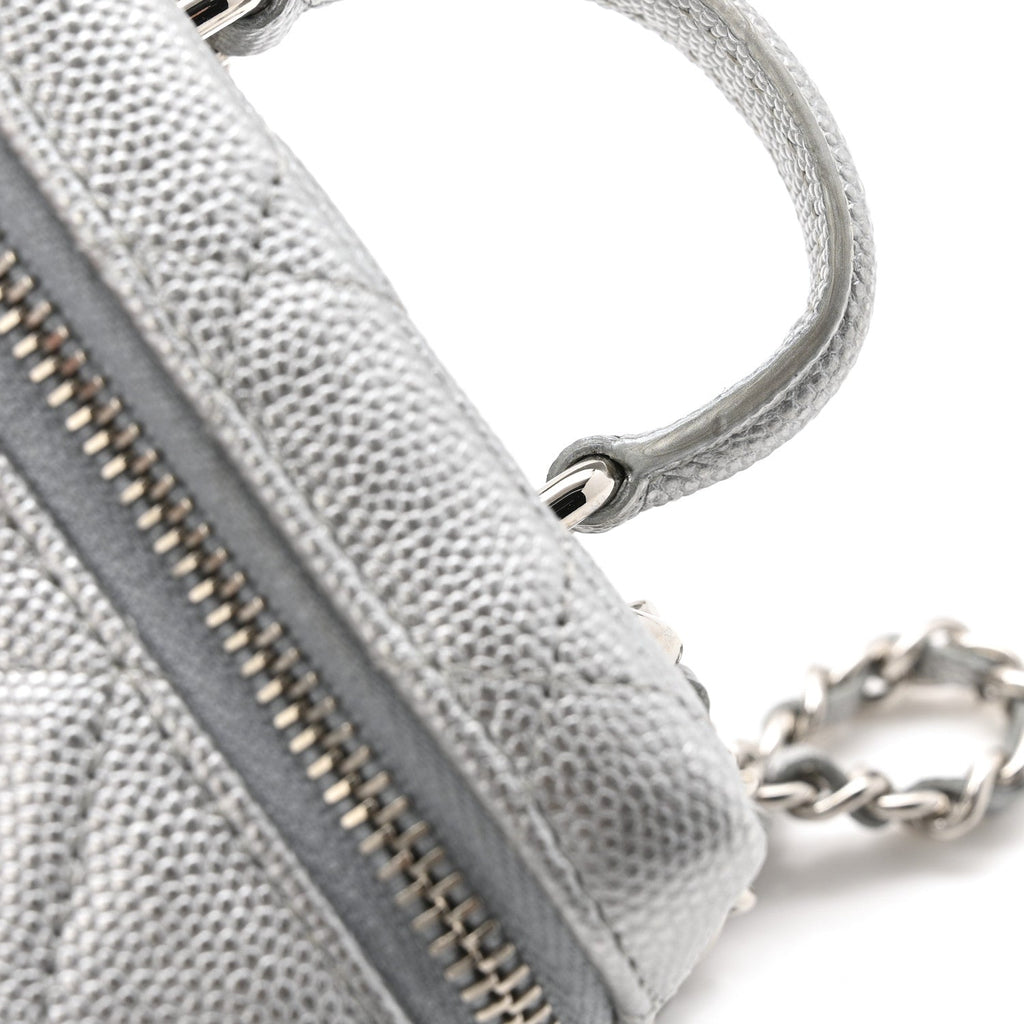 Metallic Caviar Quilted Mini Top Handle Vanity With Chain Silver