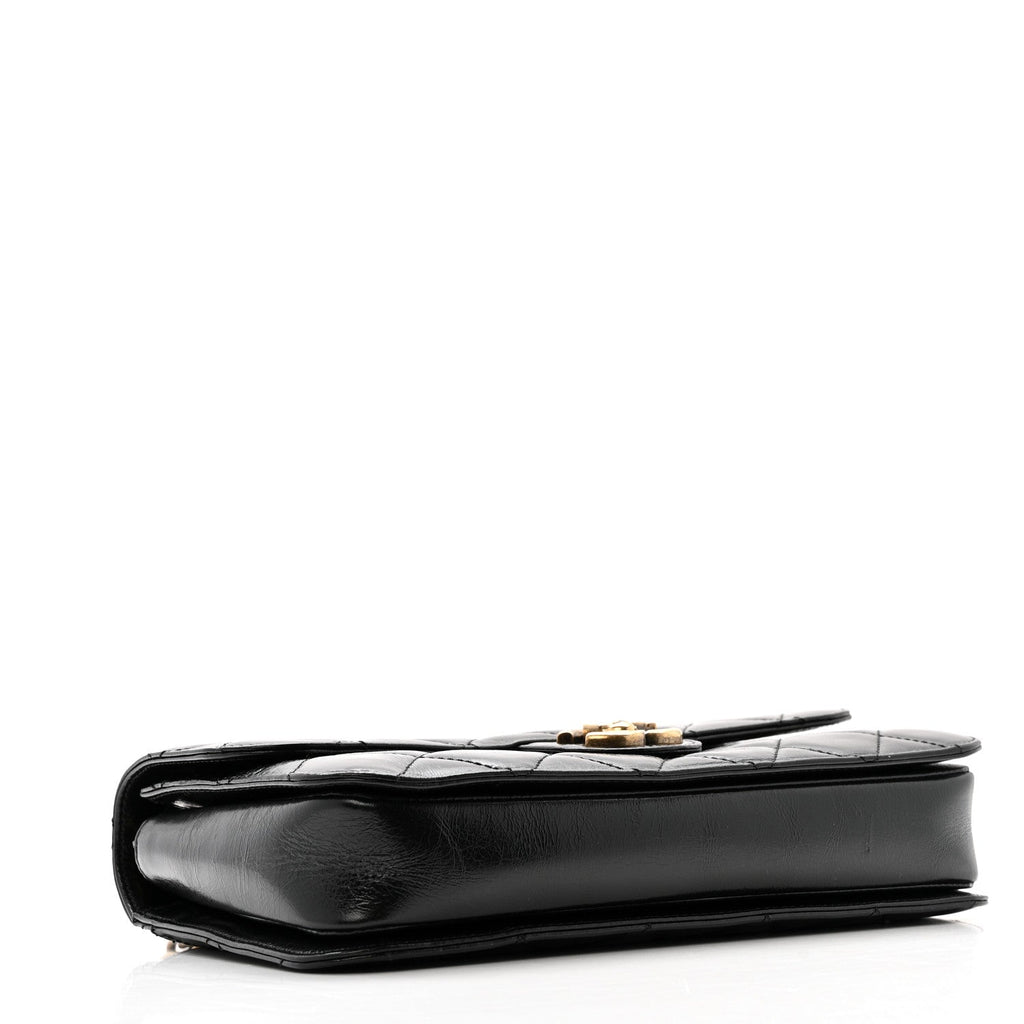 Glazed Calfskin Quilted Medium Perfect Edge Flap Black