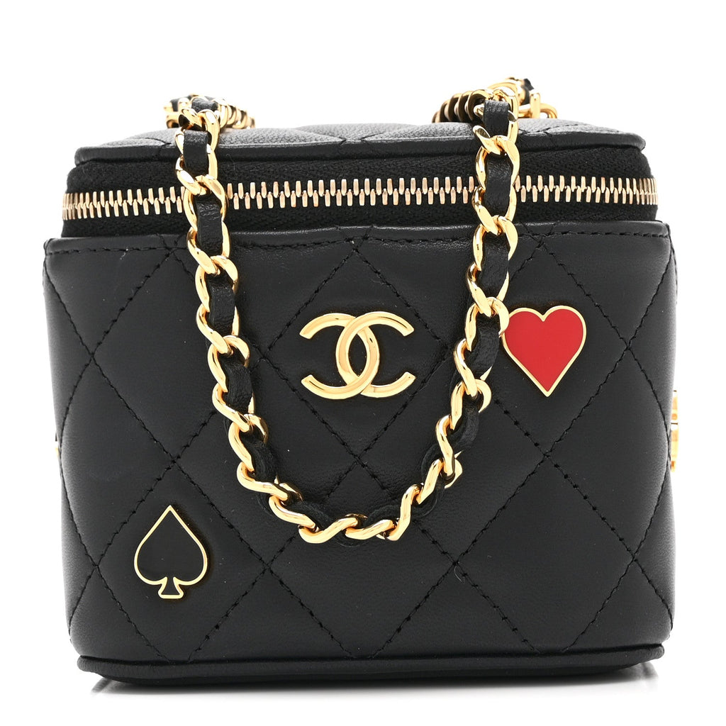 Lambskin Quilted Enamel Coco Casino Mini Vanity Case With Chain Black