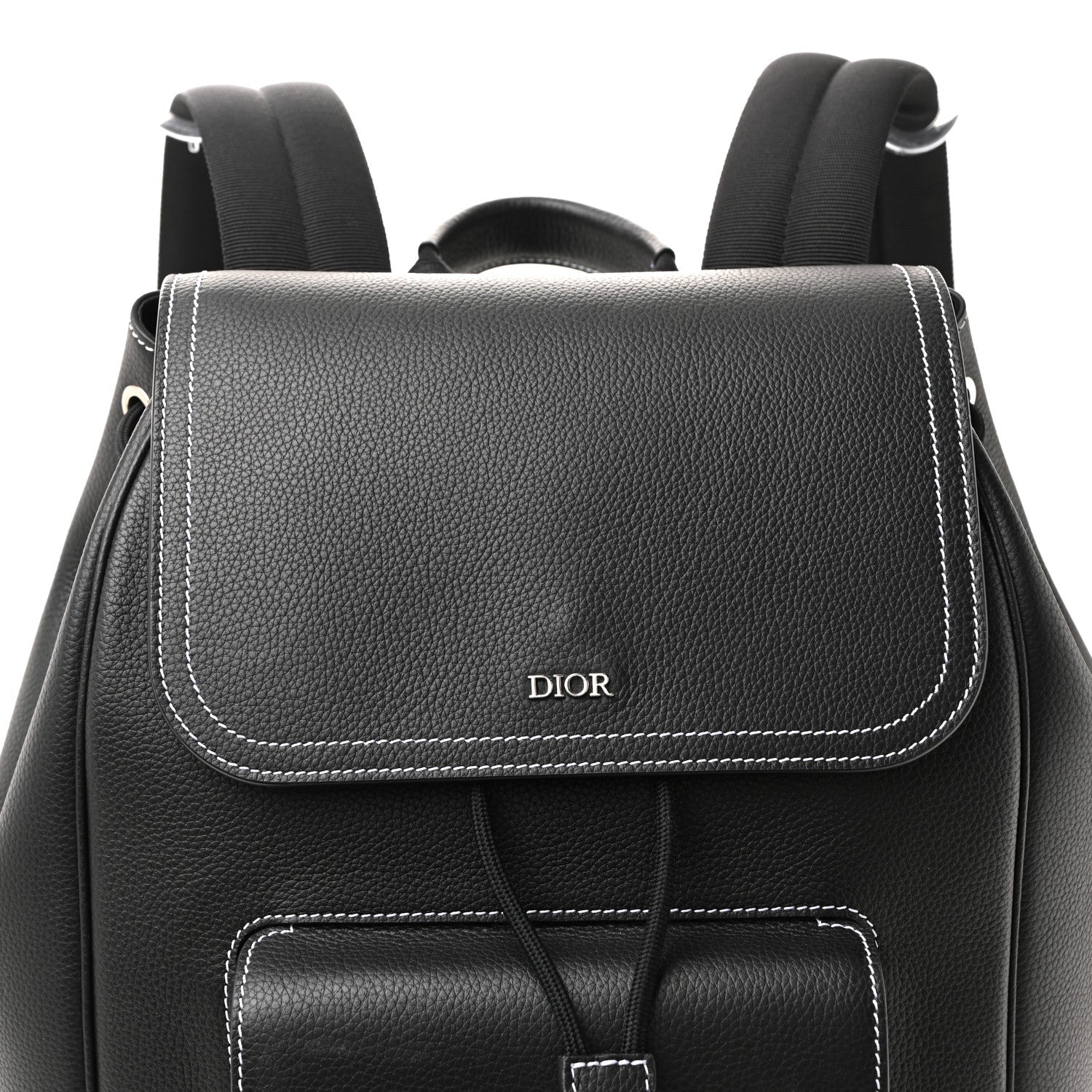 Grained Calfskin Saddle Drawstring Backpack Black