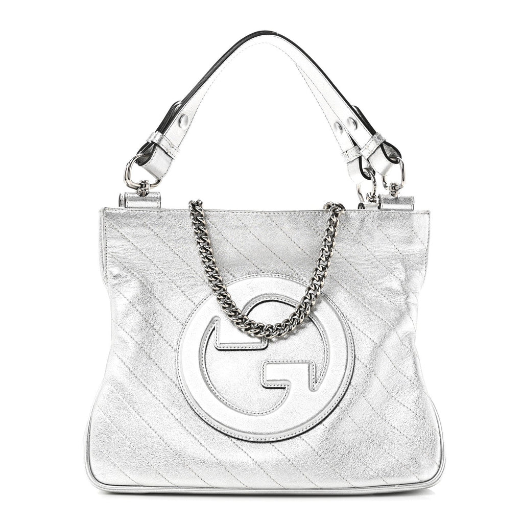 Sakai Be Green Calfskin Diagonal Stitched Small Blondie Tote Silver