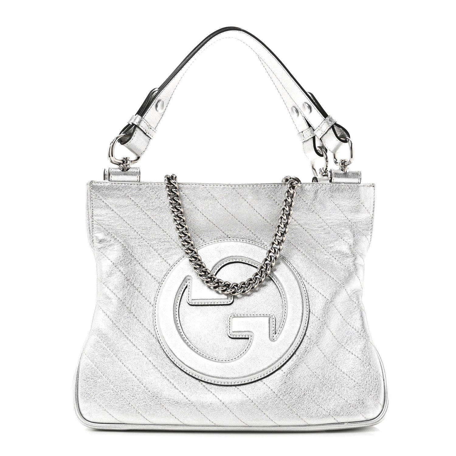 Sakai Be Green Calfskin Diagonal Stitched Small Blondie Tote Silver